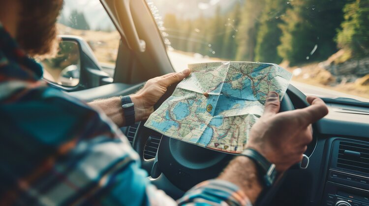 A traveler uses a map to find their way along a scenic mountain road, emphasizing the beauty of nature and the excitement of navigating through picturesque landscapes. Uncertainty Is the Only Thing That's Really Certain