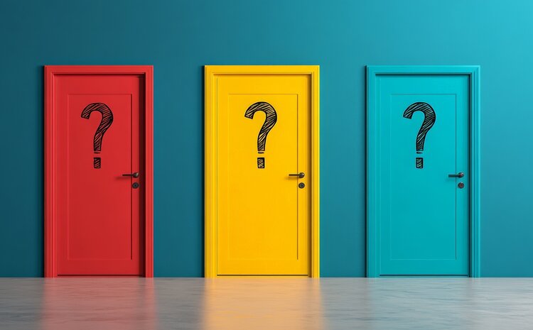 Three colorful doors featuring question marks illustrate the fear of better options and the complexities of making significant life and career decisions. Uncertainty Is the Only Thing That's Really Certain