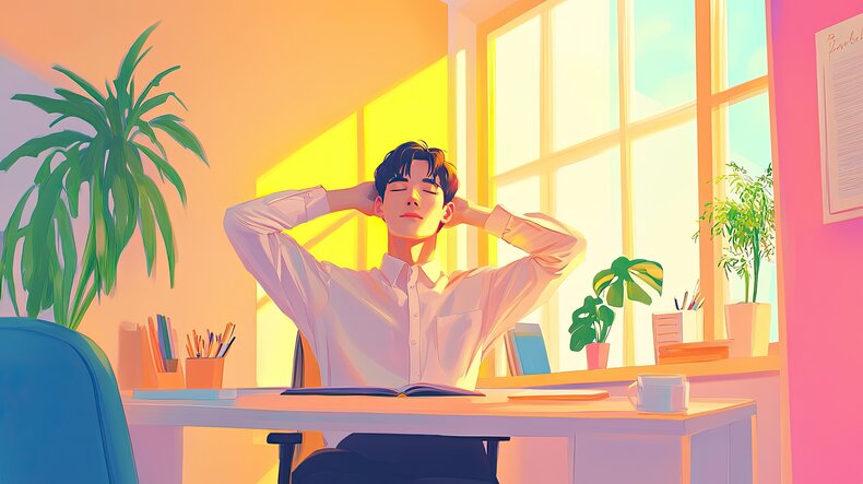 How to Change Your Habits One Mindful Moment at a Time - Colorful graphic, shades of pink, yellow, purple, showing a young man at a desk surrounded by plants and sunlight leaning back in chair with his hands on his head, elbows out, eyes closed - pausing.