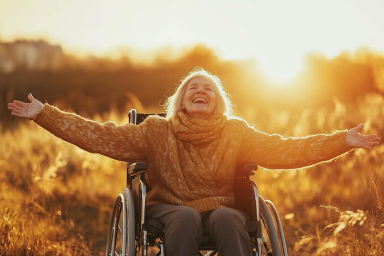 Boost Your Happiness: How to Hack Your Happy Brain Chemicals - mature grey haired woman smiling while sitting a wheelchair soaking in the yellow sunshine