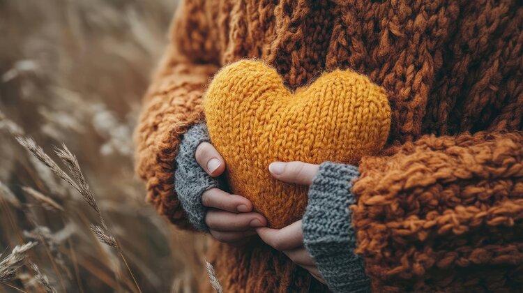 4 Simple Questions that Will Improve Your Mental Health - Two gloved hands with open finger mittens holding a crocheted heart a golden orange color.