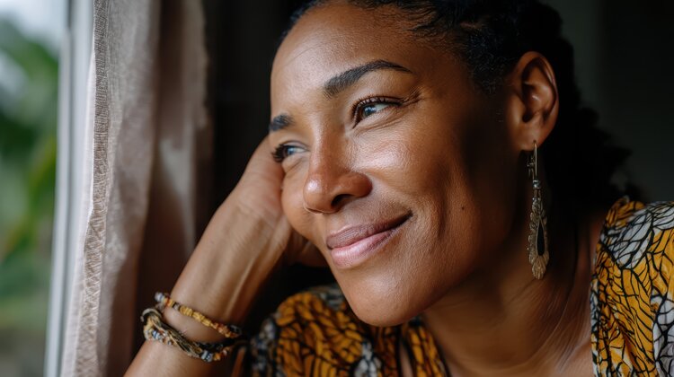 4 Simple Questions that Will Improve Your Mental Health - Mature African American woman smiling slightly and looking out a window hopefully.