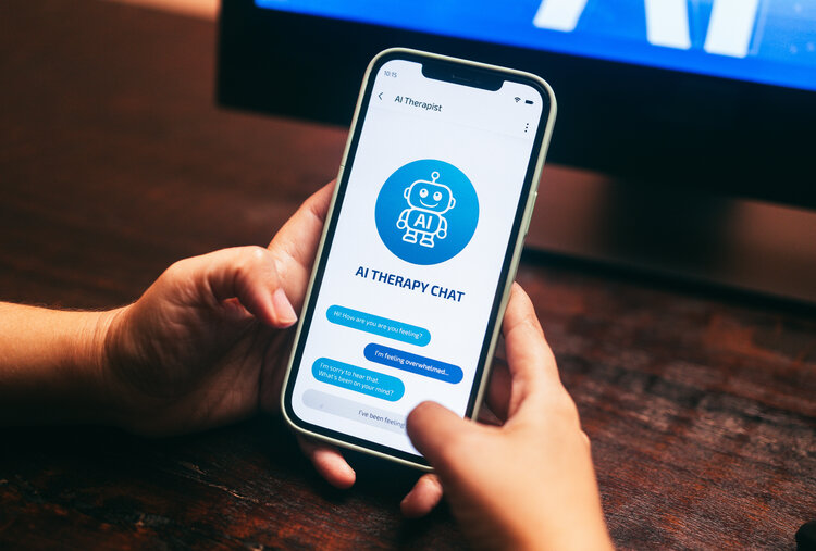 AI therapy chat app on smartphone for mental health support. Emotional, wellbeing assistant concept