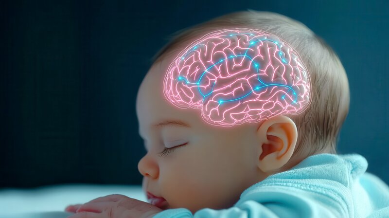 Baby sleeping rest with overlay of pink and blue brain on head - Silence and Boring Breaks Make Your Brain Smarter
