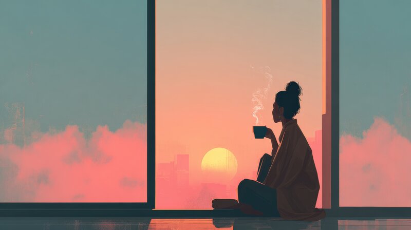 Silhouette of woman sitting with cup of coffee looking out Colorful pink and blue sky rest- Silence and Boring Breaks Make Your Brain Smarter