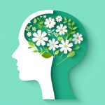 Green and white profile of a head filled with white flowers and leaves