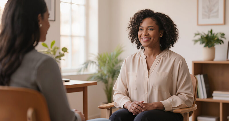 Black female psychotherapist over 40 conducting talk therapy consultation with client in warm cozy office - Science Shows Repeated Thoughts Are Powerful Tools to Improve Your Brain